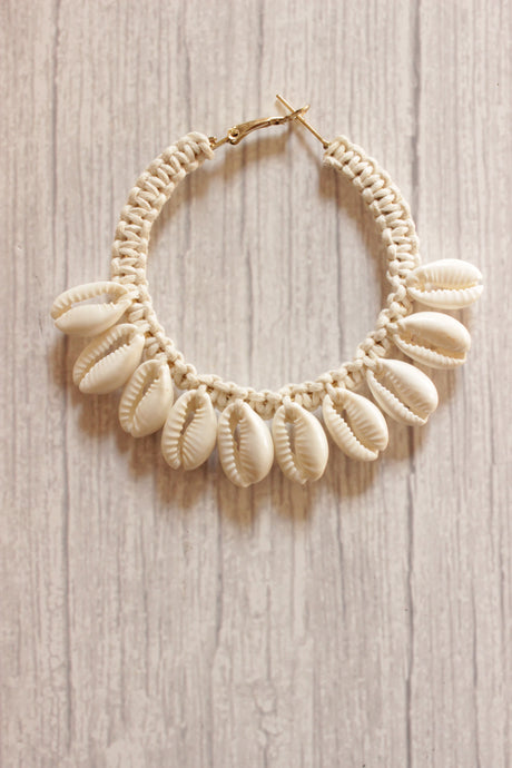 Macrame Thread Work Shells Woven Hoop Earrings