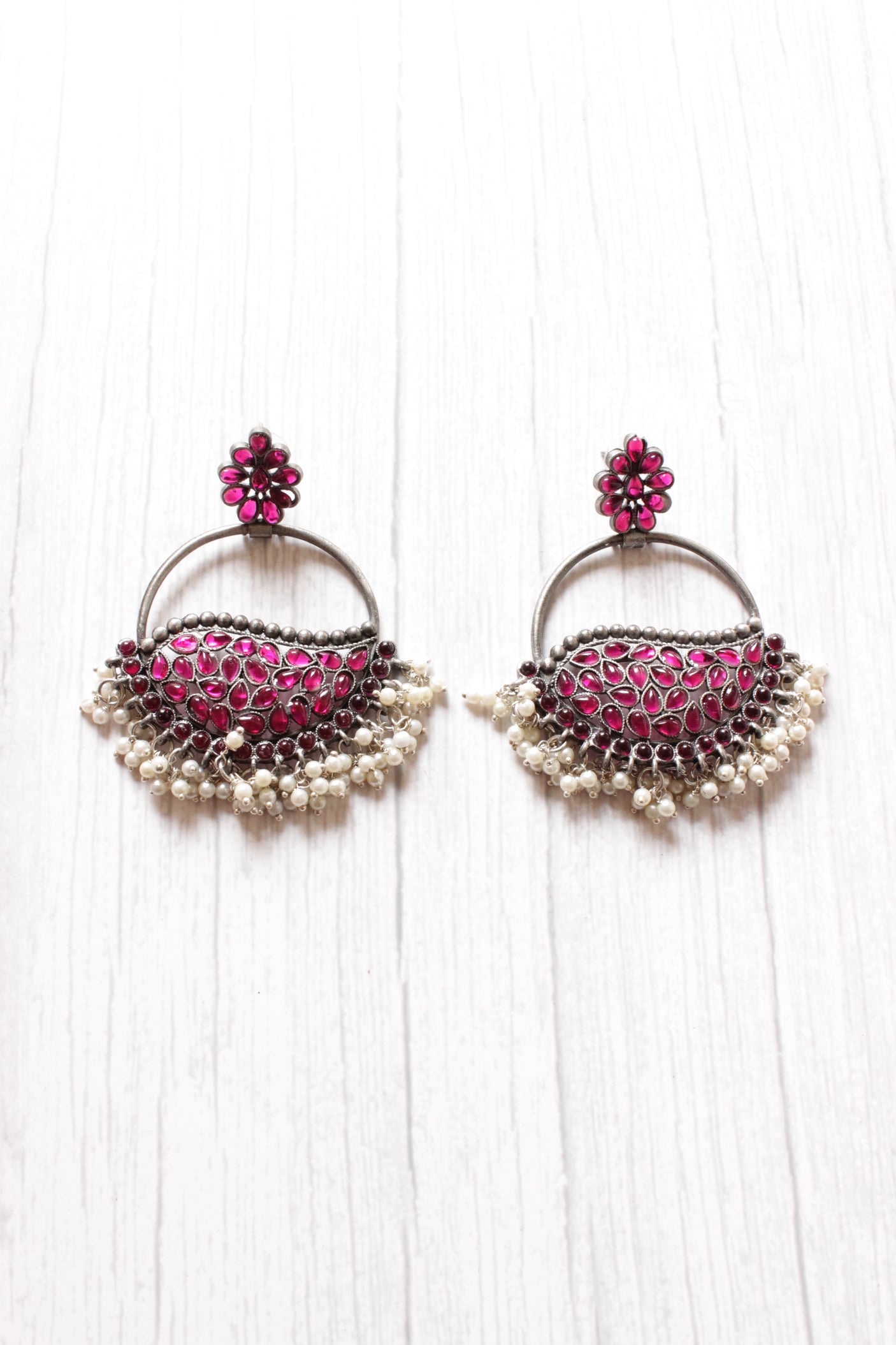 Pink Rhinestones Embedded Circular Dangler Earring with White Beads Detailing