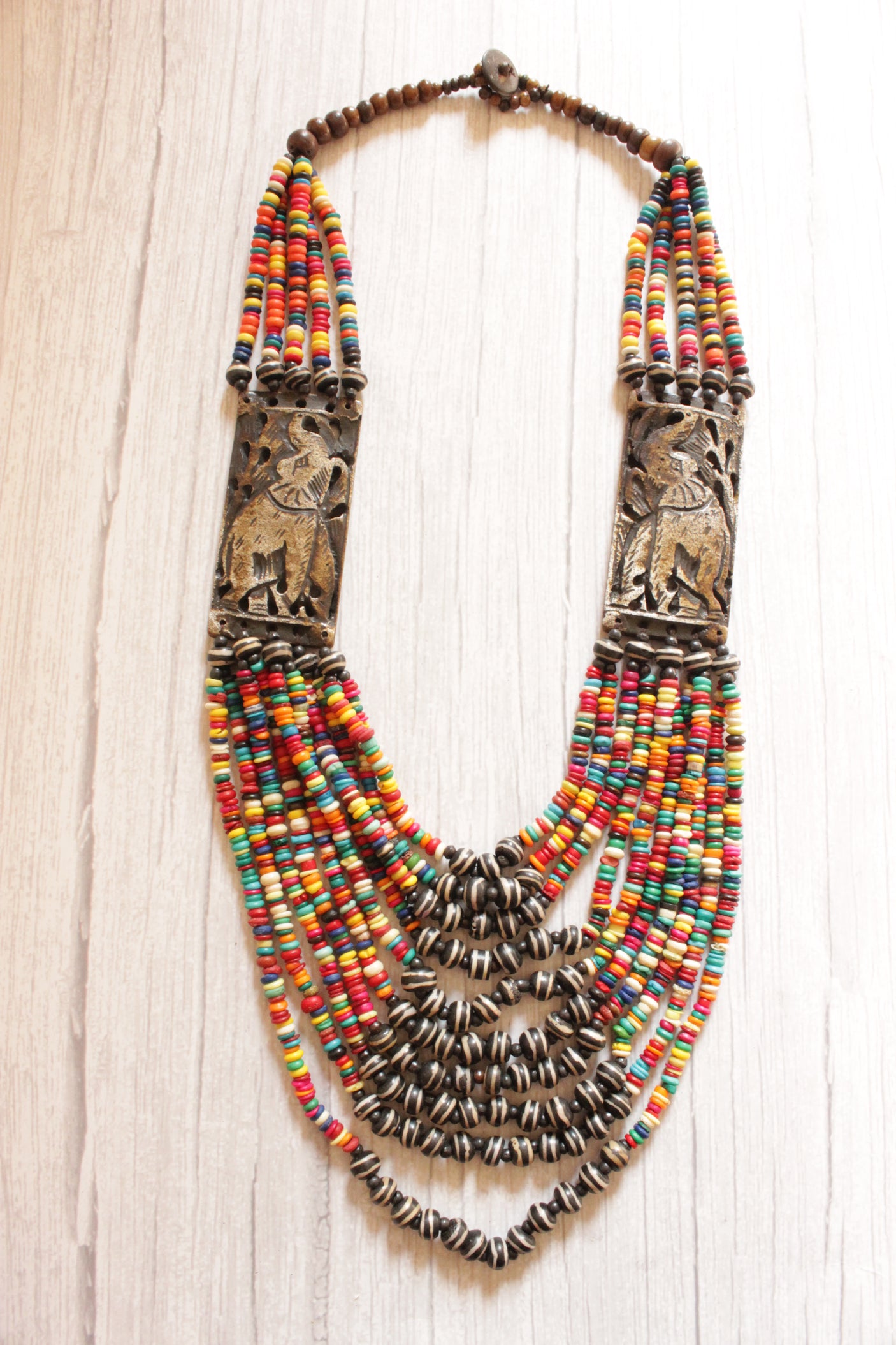 Multi-Color Acrylic and Wooden Beads Hand Beaded Statement Tribal Necklace with Elephant Motif