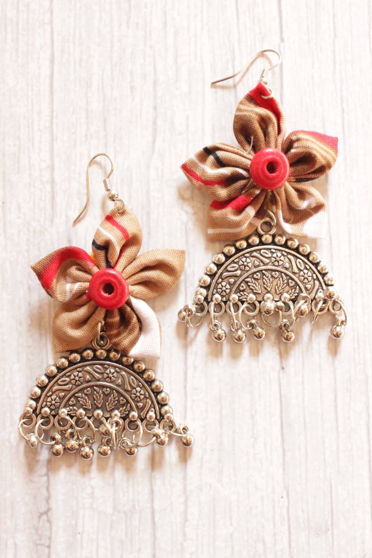 Brown & Red Handmade Fabric Flower Earrings with Dome Shaped Metal Accent