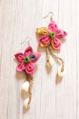 Pink Fabric Handmade Flower Earrings Accentuated with Shells Attached to Jute Strings