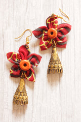 Handmade Fabric Flower Earrings with Antique Gold Finish Bell Shaped Metal Accent