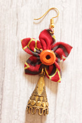 Handmade Fabric Flower Earrings with Antique Gold Finish Bell Shaped Metal Accent