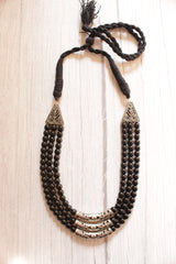 3 Layer Big Black Beads Necklace with Metal Accents and Adjustable Thread Closure