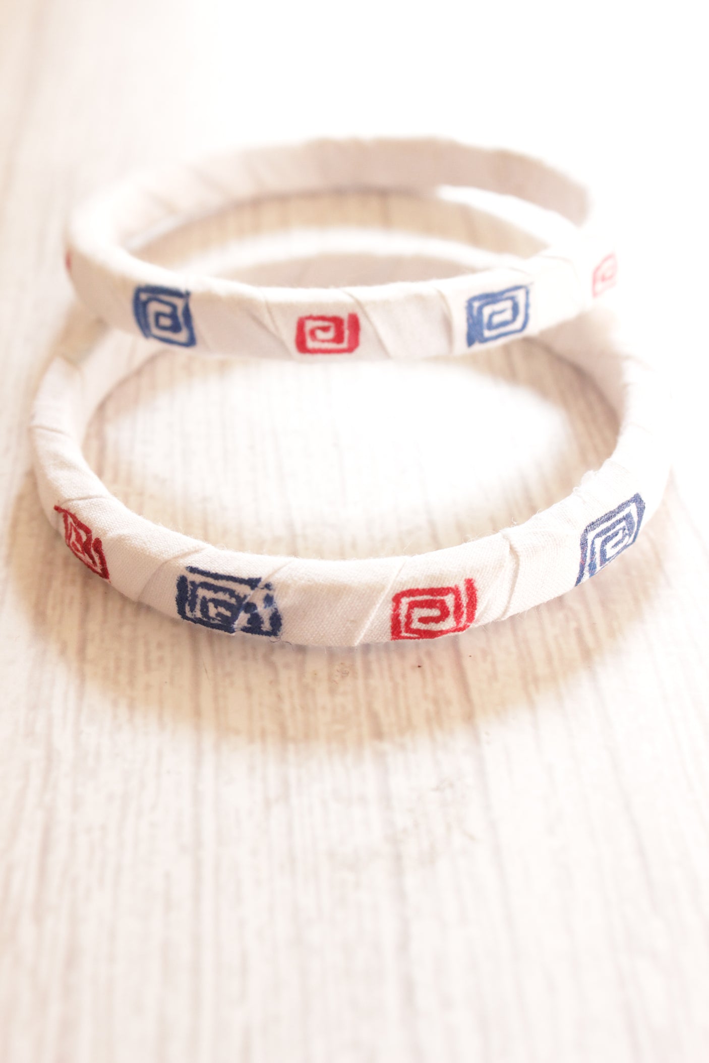 Set of 2 Hand Block Printed Off-White Fabric Wooden Bangles