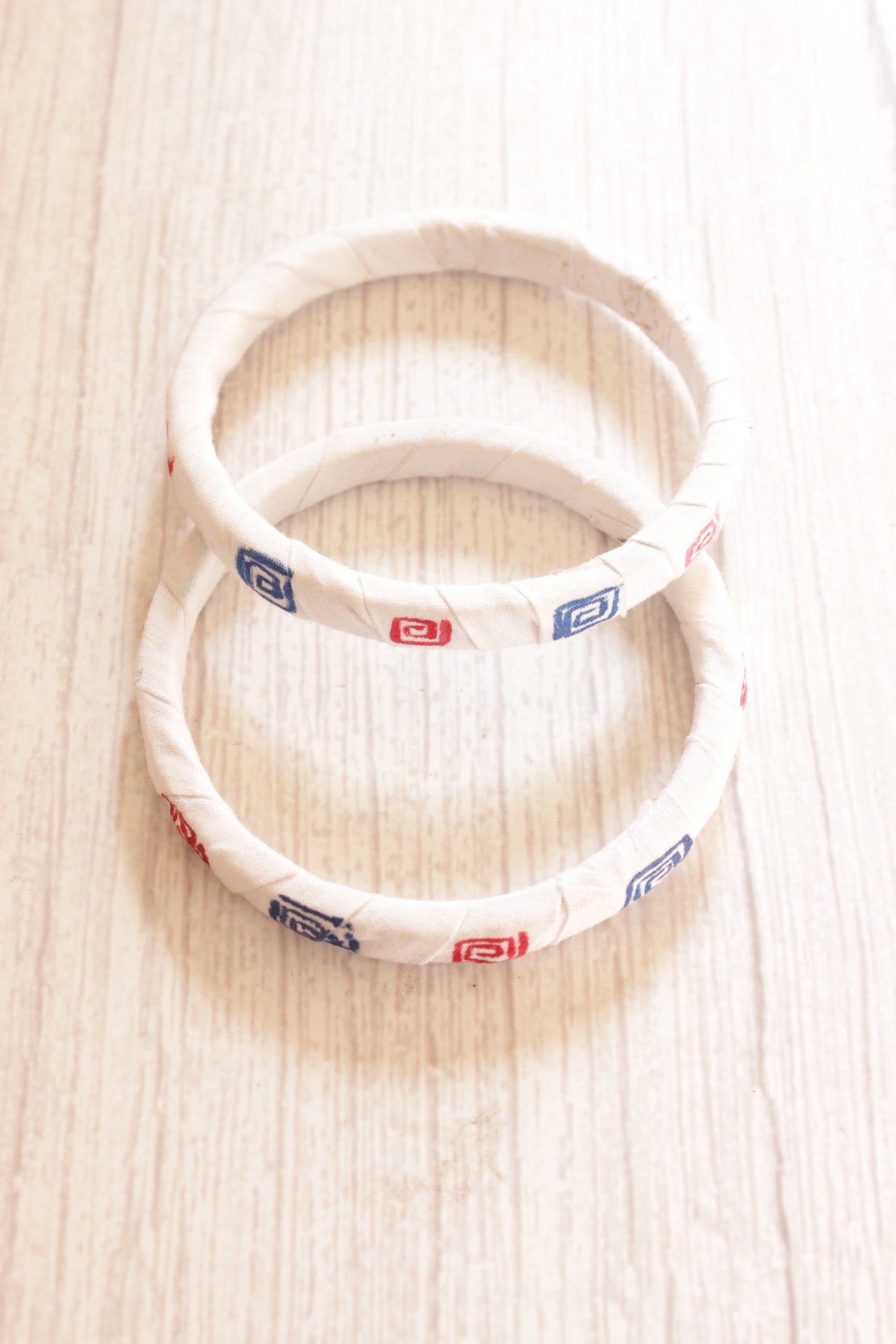 Set of 2 Hand Block Printed Off-White Fabric Wooden Bangles