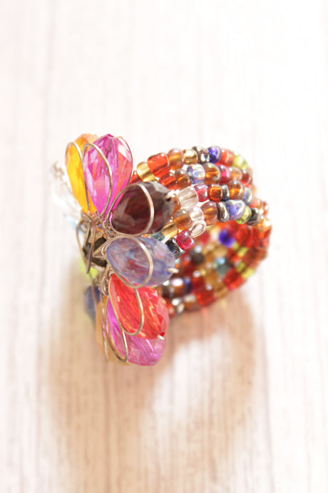 Multi-Color Glass Stones Flower Shaped Silver Finish Metal Ring