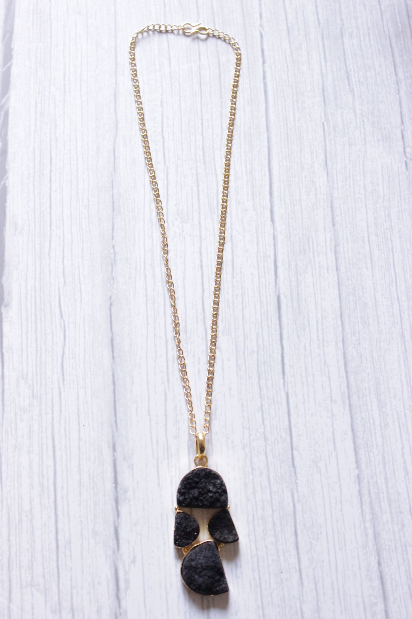 Titanium Black Sugar Druzy Gemstone Embedded Gold Plated Necklace