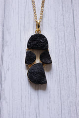 Titanium Black Sugar Druzy Gemstone Embedded Gold Plated Necklace