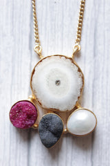 Gorgeous Solar Quartz & Pink Sugar Druzy Baroque Pearl Gemstone Embedded Gold Plated Necklace