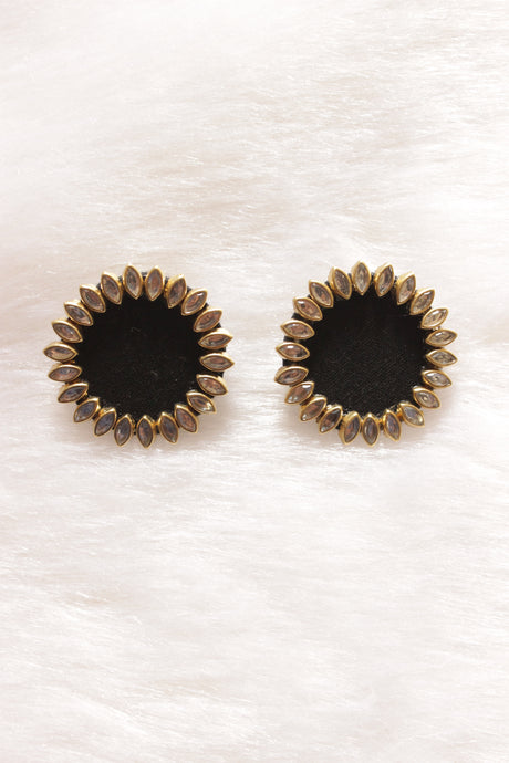 Kundan Stones Embellished Black Fabric Gold Toned Stud Earrings