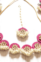 Vibrant Fabric Set of 3 Accentuated with Kundan and White Beads - Set of Necklace, Earrings and Mangtika