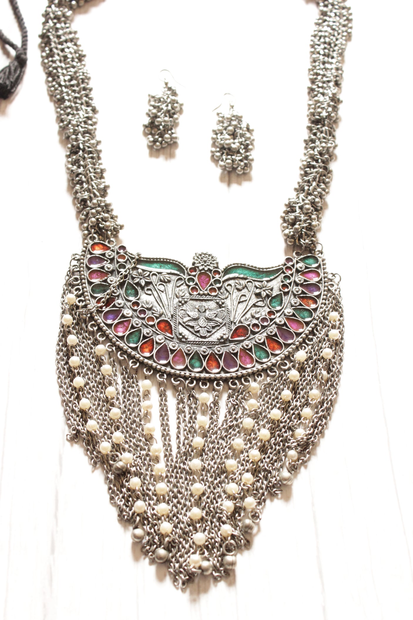 Elaborate Enamel Painted Oxidised Finish Afghani Necklace Set Accentuated with Ghungroo Beads