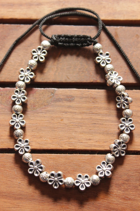 Silver Finish Flower Motif Motif Charms Intertwined with Metal Beads Anklets