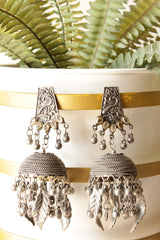Intricately Detailed Premium Oxidised Finish Brass Jhumka Earrings Embellished with Ghungroo Beads