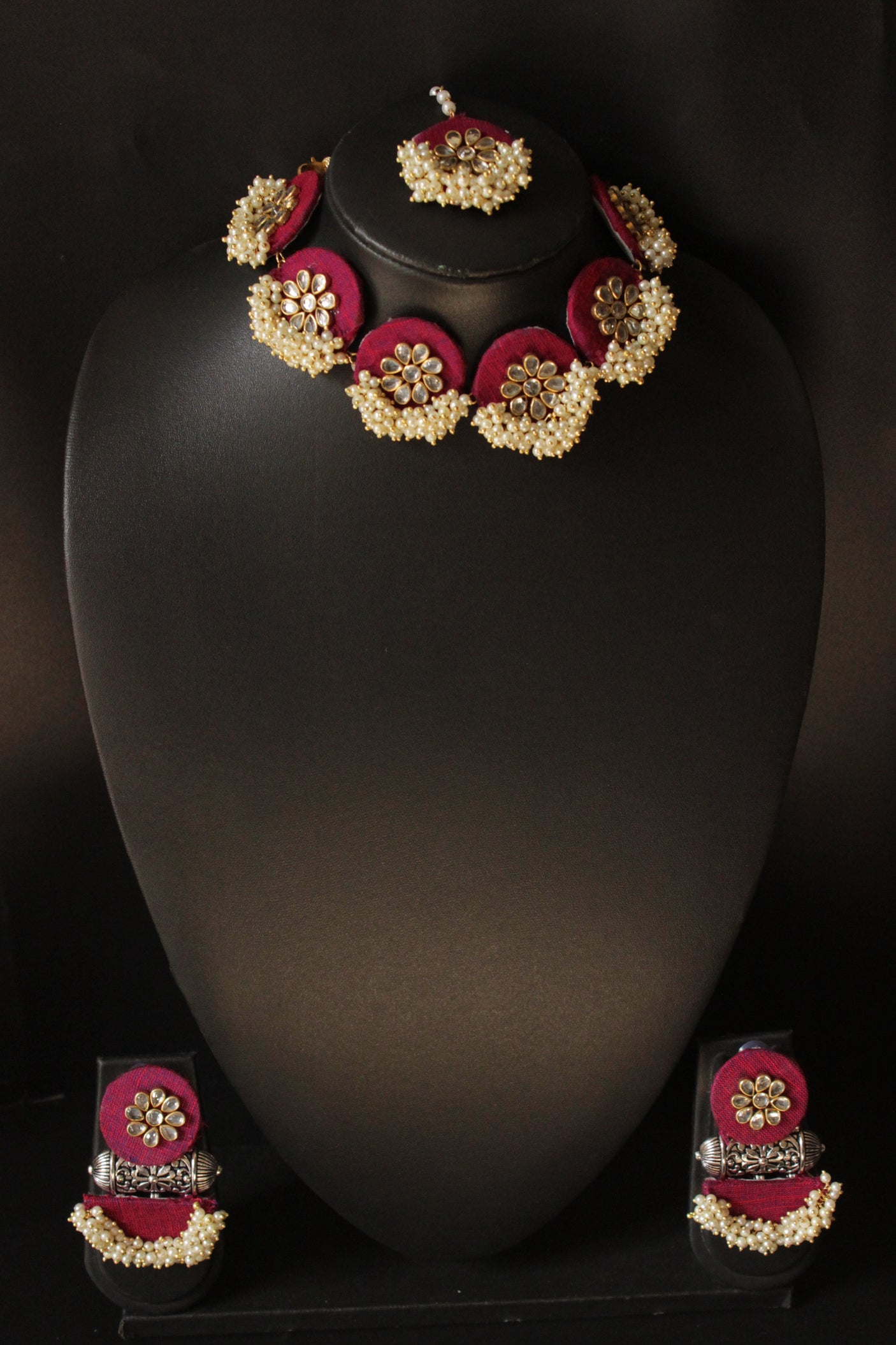 Vibrant Fabric Set of 3 Accentuated with Kundan and White Beads - Set of Necklace, Earrings and Mangtika