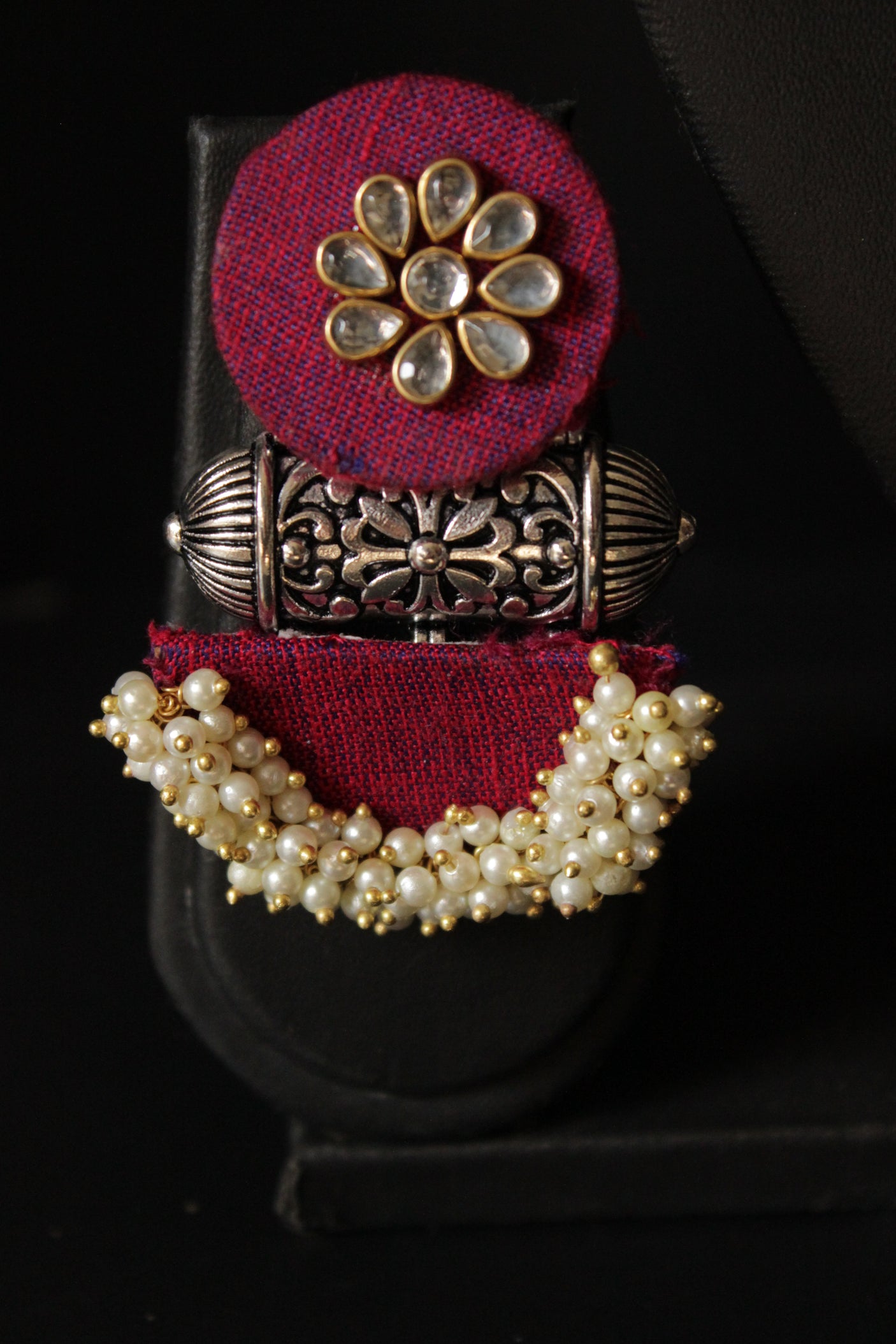 Vibrant Fabric Set of 3 Accentuated with Kundan and White Beads - Set of Necklace, Earrings and Mangtika