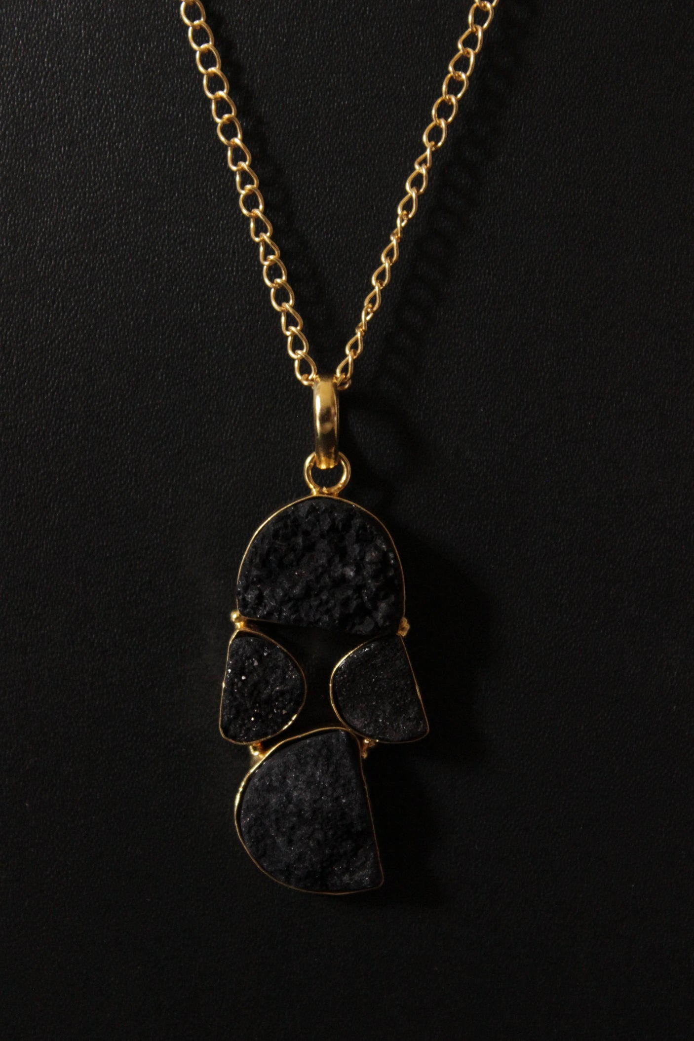 Titanium Black Sugar Druzy Gemstone Embedded Gold Plated Necklace