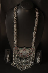 Elaborate Enamel Painted Oxidised Finish Afghani Necklace Set Accentuated with Ghungroo Beads