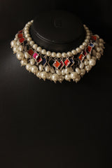 Multi-Color Glass Stones & White Pearl Beads Embedded Adjustable Length Thread Closure Choker Necklace Set