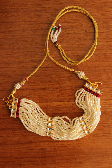 White and Red Beads Handmade Multiple Strings Gold Toned Choker Necklace