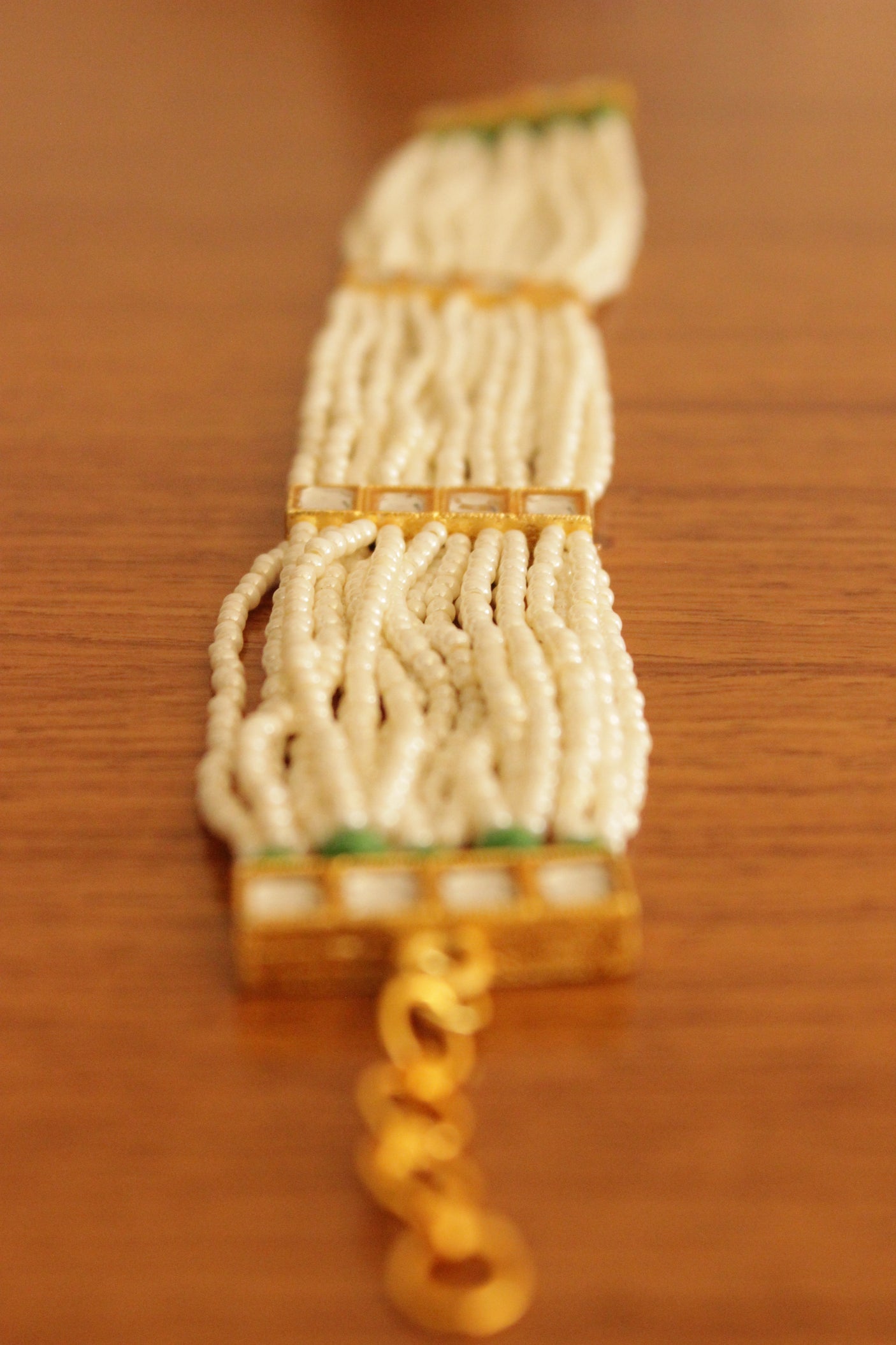 White and Green Beads Handmade Multiple Strings Gold Toned Bracelet