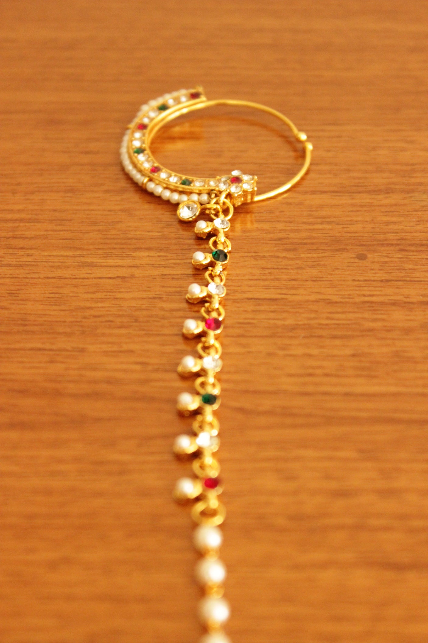 Red & Green Gold Toned White Beads Clip On Nath