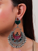 Red & Green Enamel Painted Afghani Ghungroo Chandbali Earrings