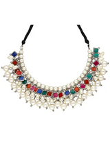 Multi-Color Glass Stones & White Pearl Beads Embedded Adjustable Length Thread Closure Choker Necklace Set