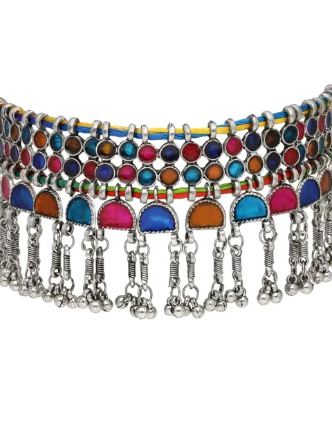 Vibrant Multi-Color Glass Stones Embedded Adjustable Length Thread Closure Choker Necklace Set